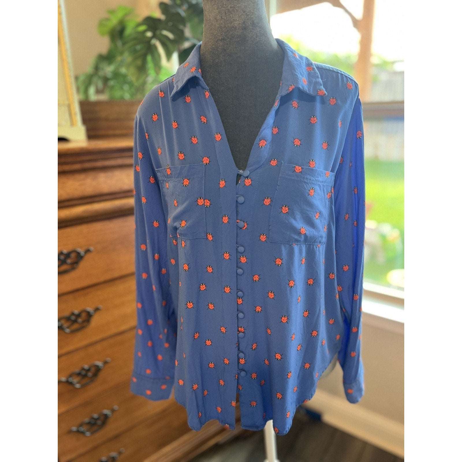 Velvet Heart Whimsical Ladybug Rayon Blouse XL Blue Indie Cottagecore Top