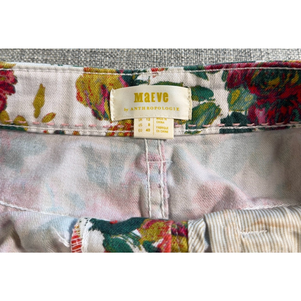 Maeve Anthropologie Floral Denim Skirt Womens 8 Button Front Stretch Cotton Boho
