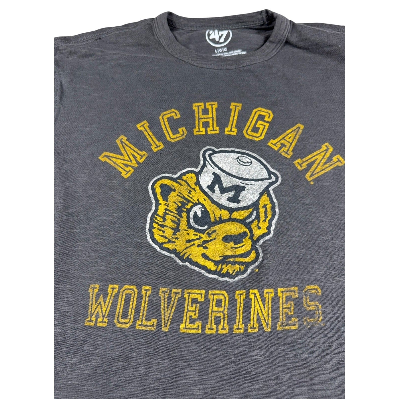 Michigan Wolverines ’47 Brand Mens L Long Sleeve Shirt Retro Mascot NCAA Gray