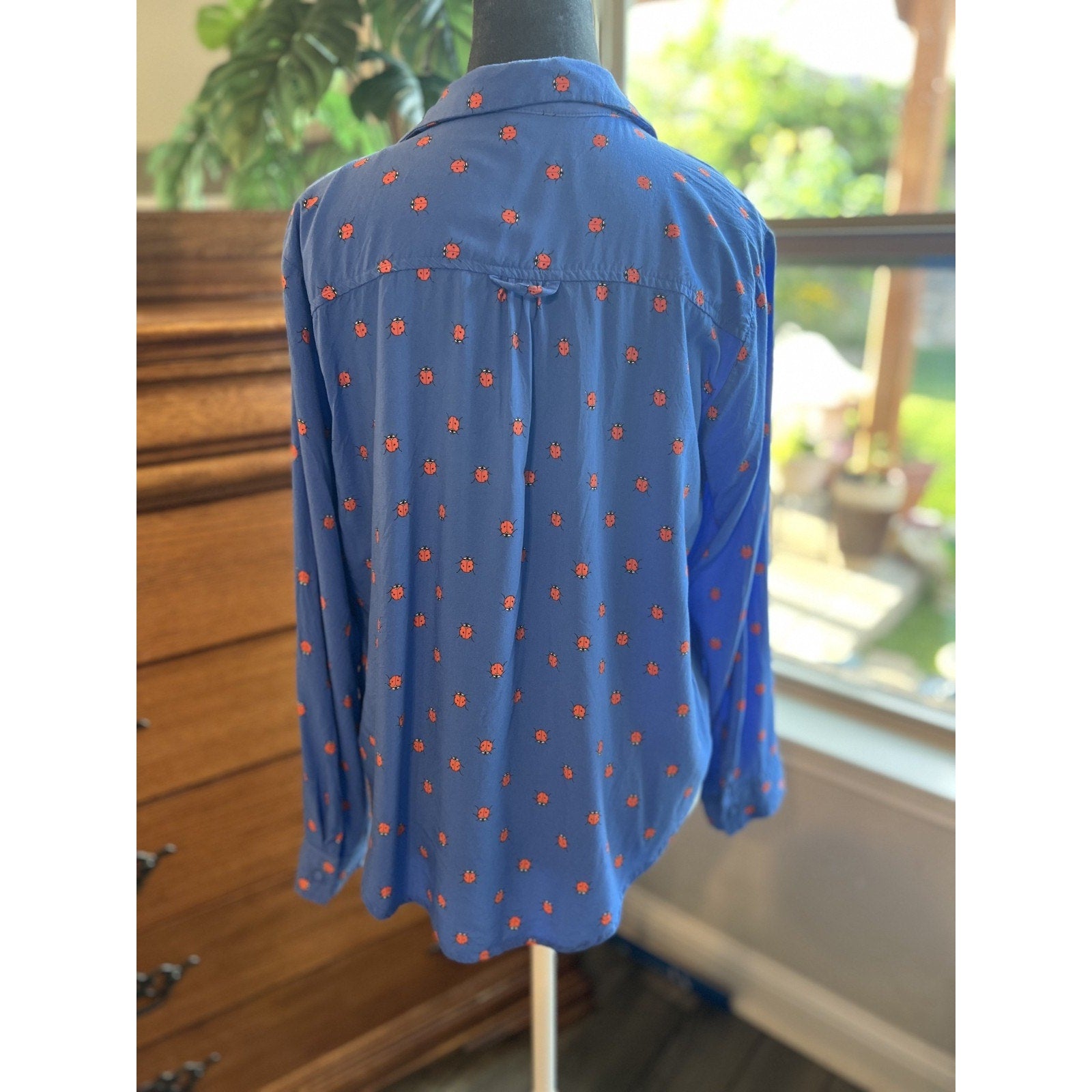 Velvet Heart Whimsical Ladybug Rayon Blouse XL Blue Indie Cottagecore Top