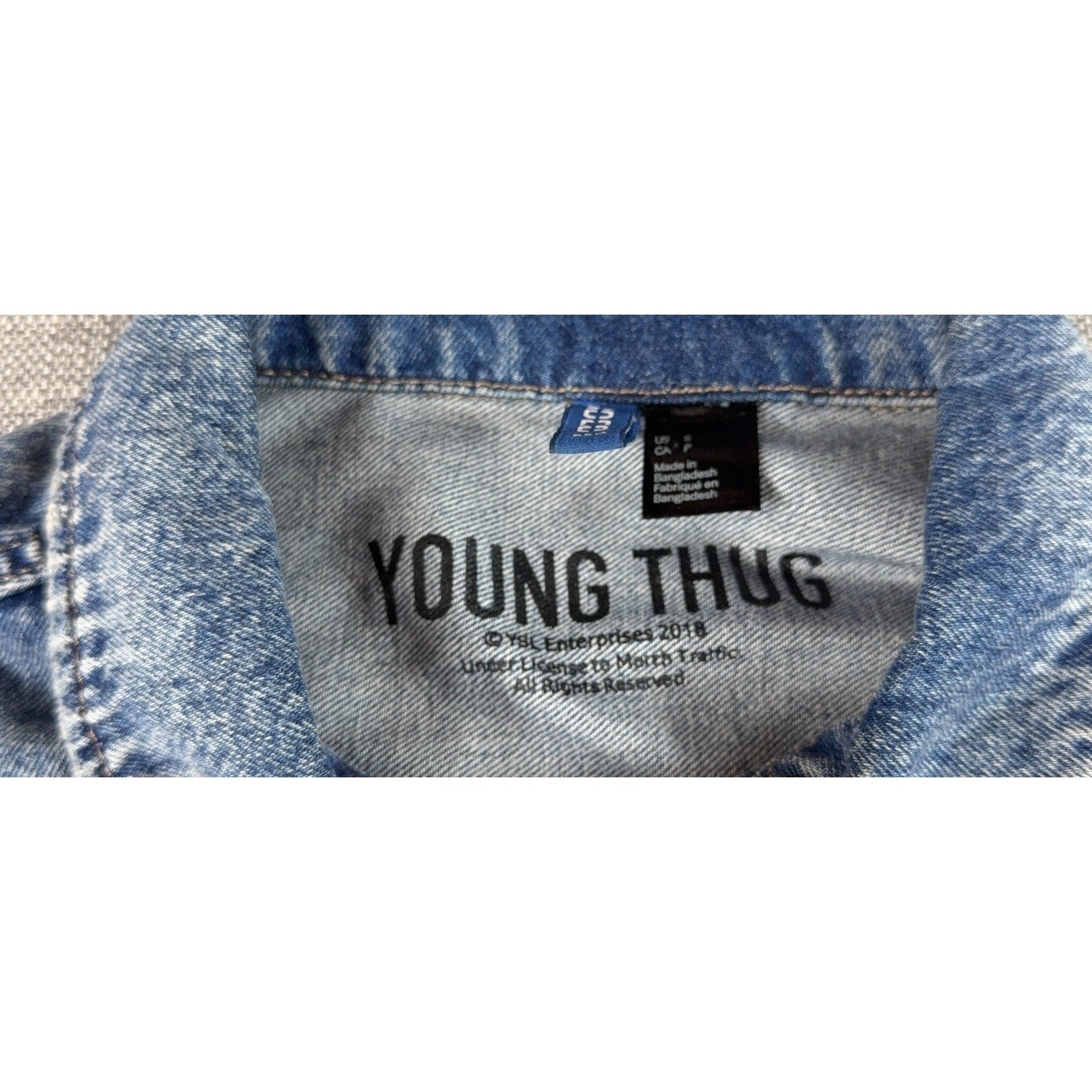 H&M Young Thug Denim Jacket Mens Small Acid Wash Cherub Angel Graphic Blue