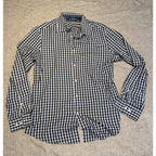 Perry Ellis Shirt Mens Medium Blue White Gingham Check Button Down Cotton Long S