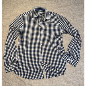 Perry Ellis Shirt Mens Medium Blue White Gingham Check Button Down Cotton Long S