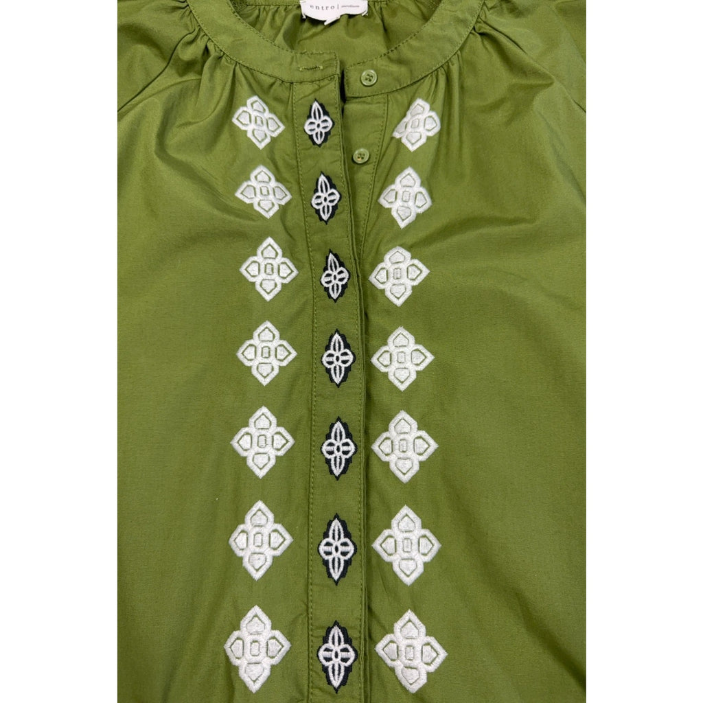 Entro Womens M Olive Green Embroidered Peasant Blouse Balloon Sleeve Boho