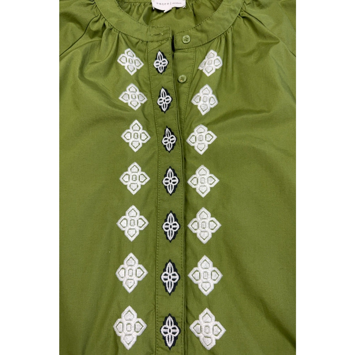 Entro Womens M Olive Green Embroidered Peasant Blouse Balloon Sleeve Boho