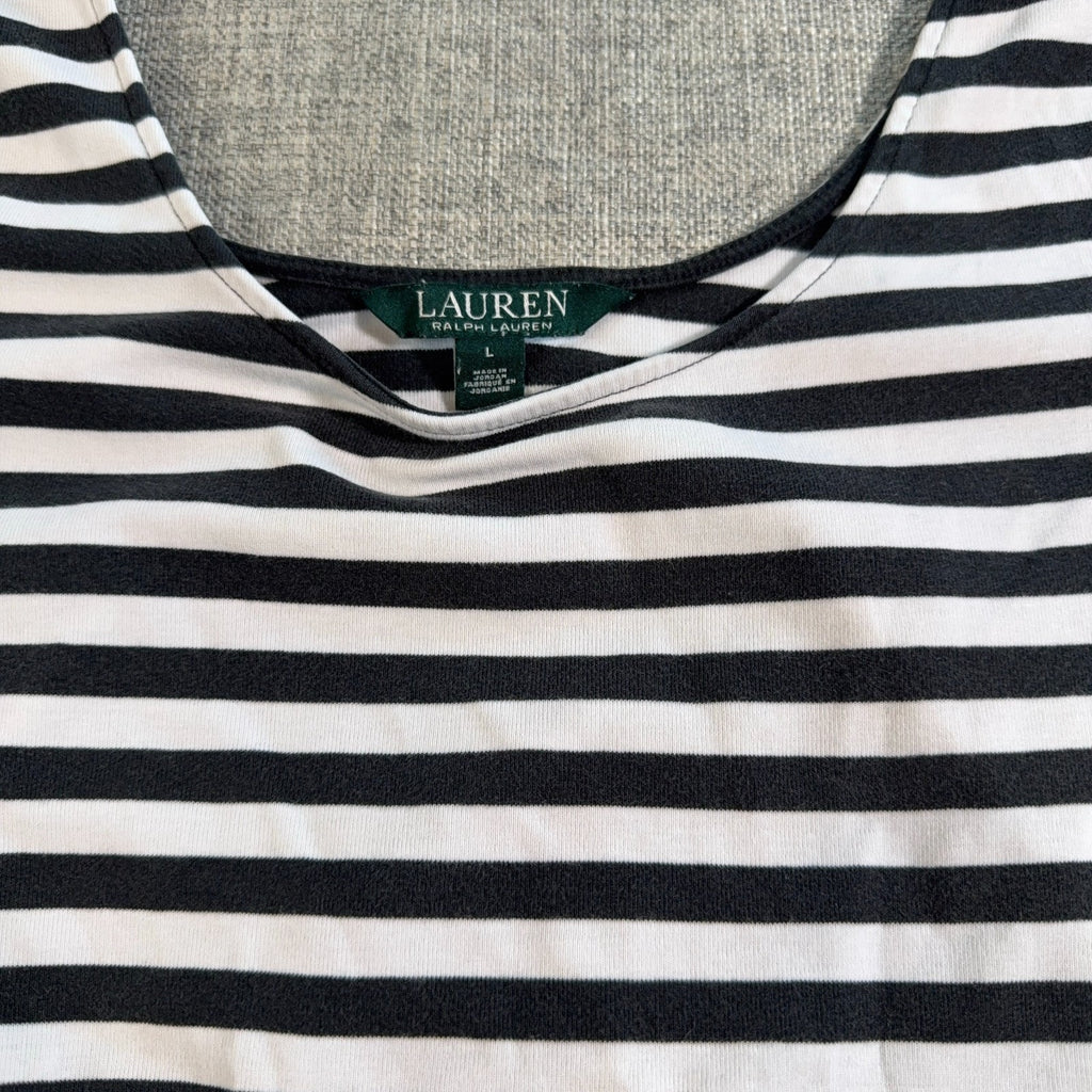 Lauren Ralph Lauren Womens L Black White Striped Cotton Stretch Scoop Neck Top