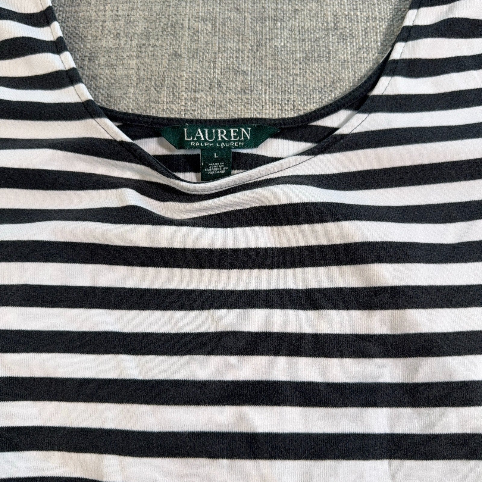 Lauren Ralph Lauren Womens L Black White Striped Cotton Stretch Scoop Neck Top