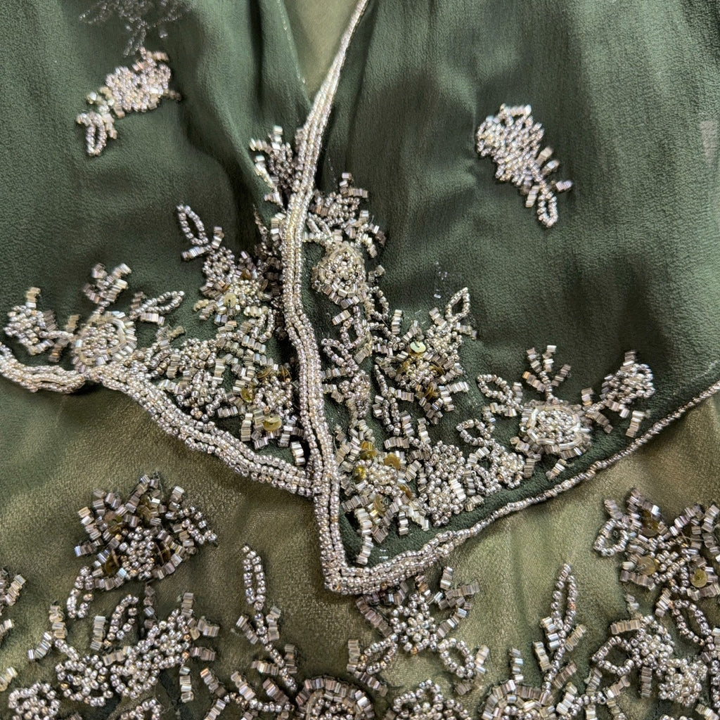Scala 100% Silk Beaded Dress Jacket Set Womens L Green Formal Evening