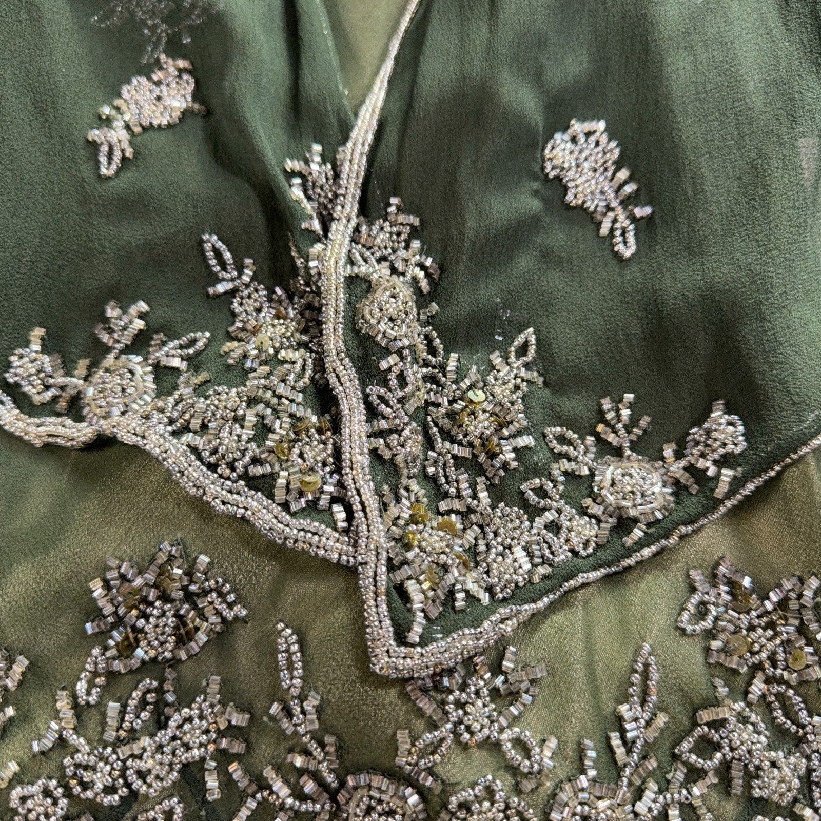 Scala 100% Silk Beaded Dress Jacket Set Womens L Green Formal Evening