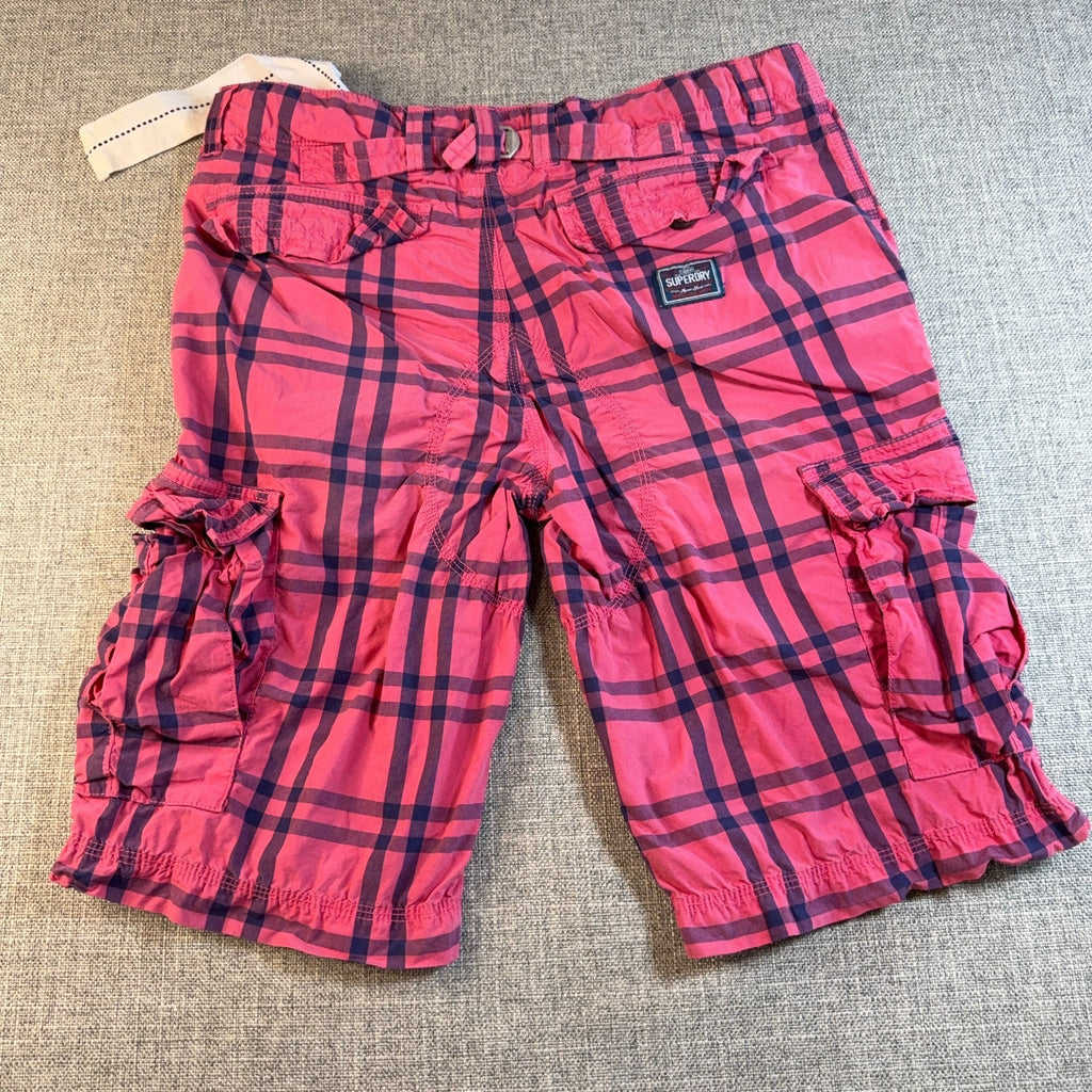Superdry Men's M W32 Pink Plaid Cargo Shorts Belted Utility Y2K Streetwear