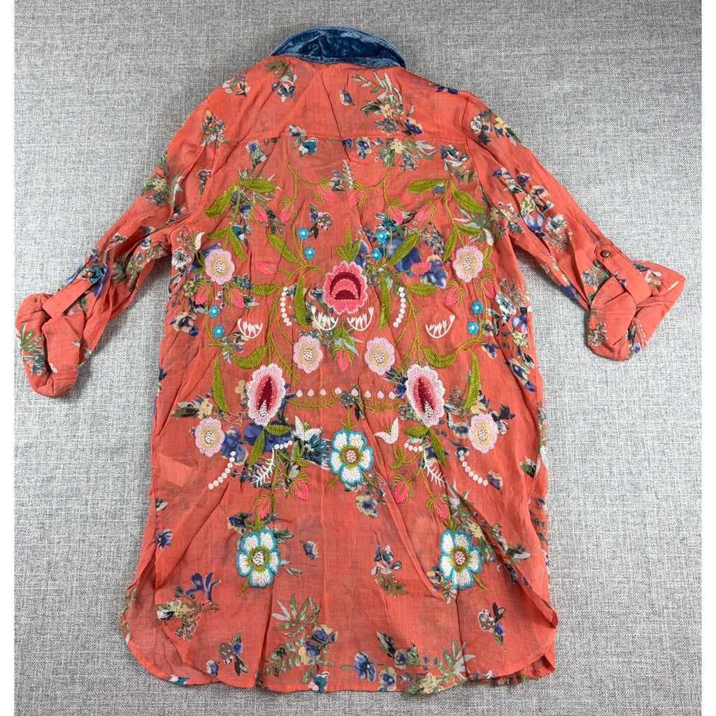 Soft Surroundings M Embroidered Floral Tunic Blouse Velvet Collar Boho Orange