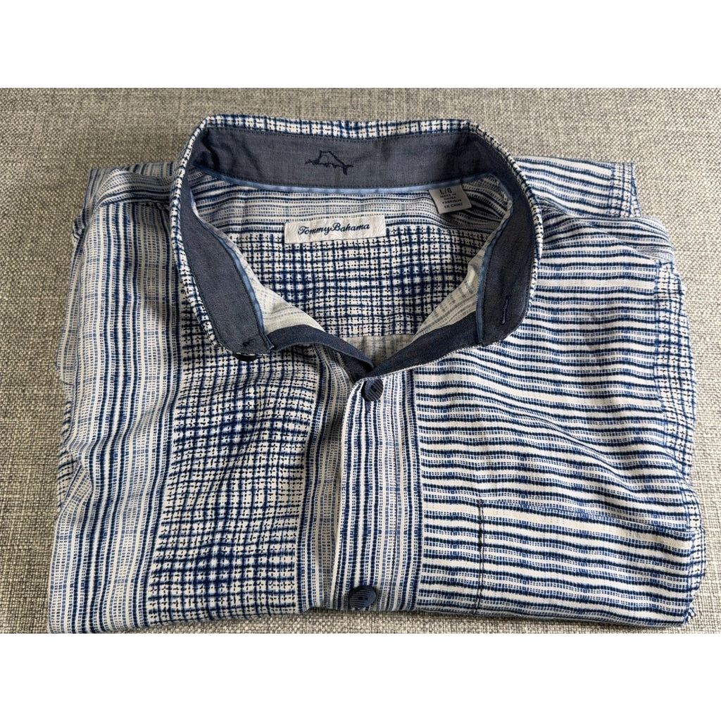 Tommy Bahama Mens Large Silk Camp Shirt Blue White Patchwork Stripe