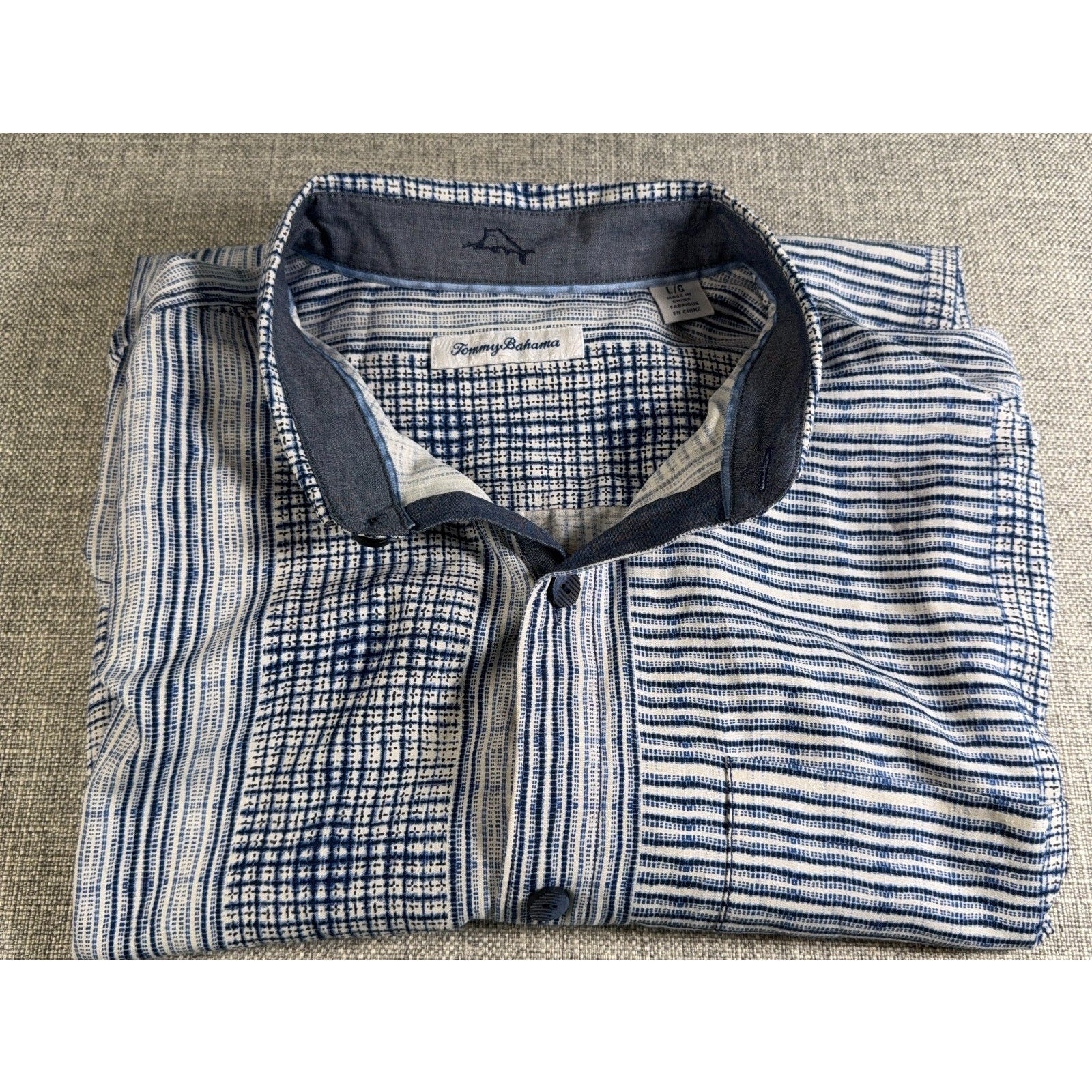 Tommy Bahama Mens Large Silk Camp Shirt Blue White Patchwork Stripe