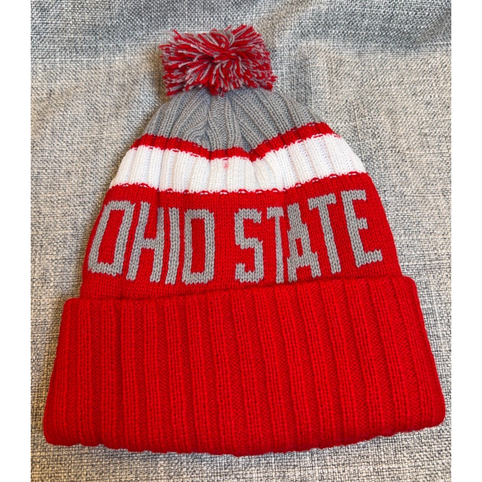 Ohio State Knit Beanie Pom Pom Scarlet Gray White Cuffed Winter Hat