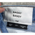 H&M Baggy Jeans Mens 34x32 Light Wash Custom Rose Embroidery Skater Y2K