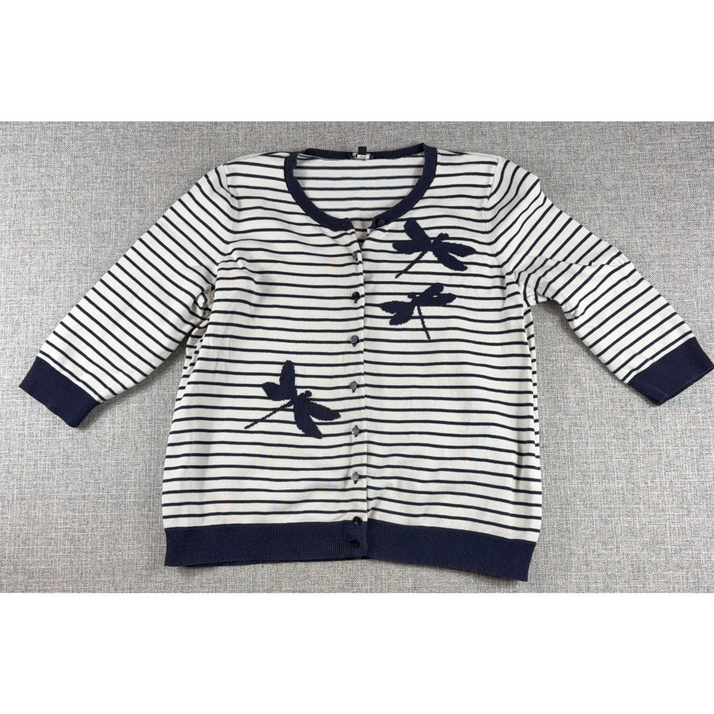 Talbots Woman Petites Cardigan 2XP Navy White Striped Dragonfly Knit Sweater