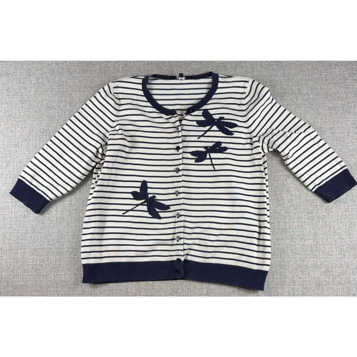 Talbots Woman Petites Cardigan 2XP Navy White Striped Dragonfly Knit Sweater