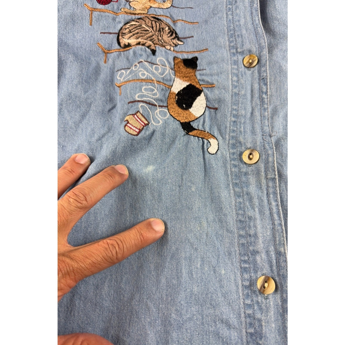 Passion 3XL Embroidered Cat Denim Shirt Womens Chambray Yarn Kittens Cottagecore