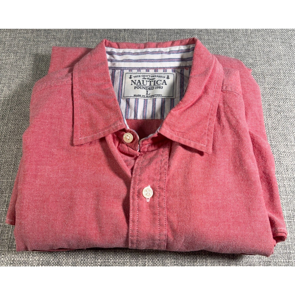 Nautica Sea Voyage Shirt Mens L Coral Red Long Sleeve Button Up Pockets