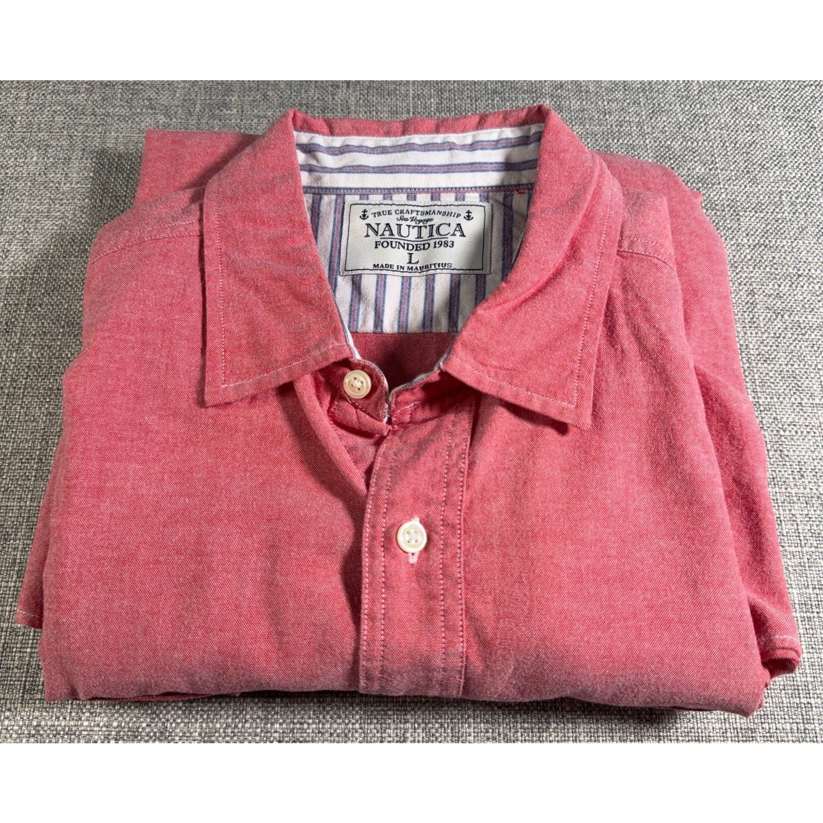 Nautica Sea Voyage Shirt Mens L Coral Red Long Sleeve Button Up Pockets