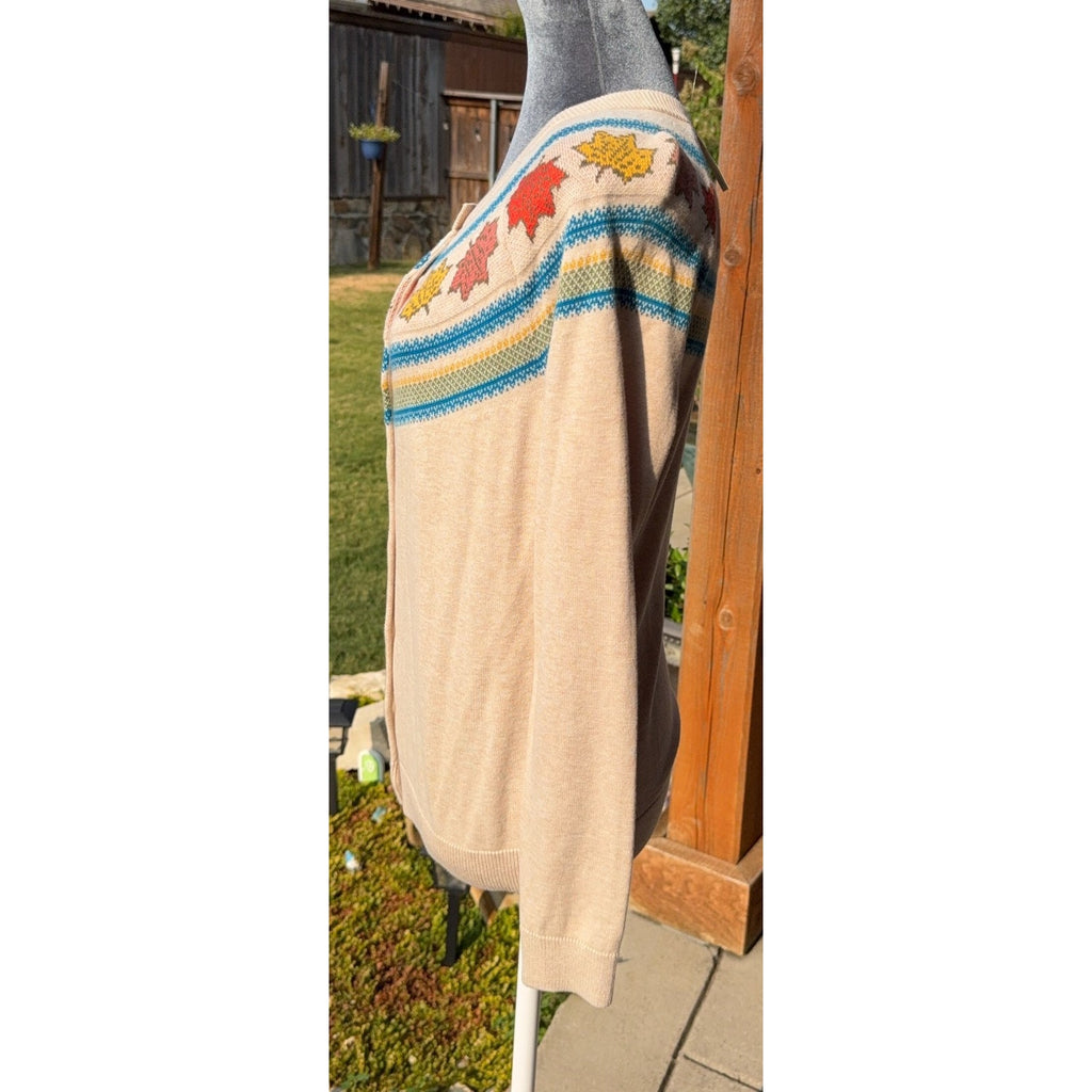 NWT Talbots Cardigan Sweater Womens S Maple Leaf Fair Isle Beige Fall