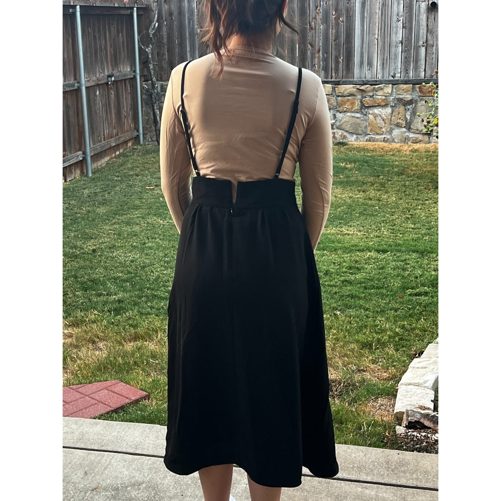 Black Suspender Midi Skirt Pinafore Dark Academia Minimalist A-Line