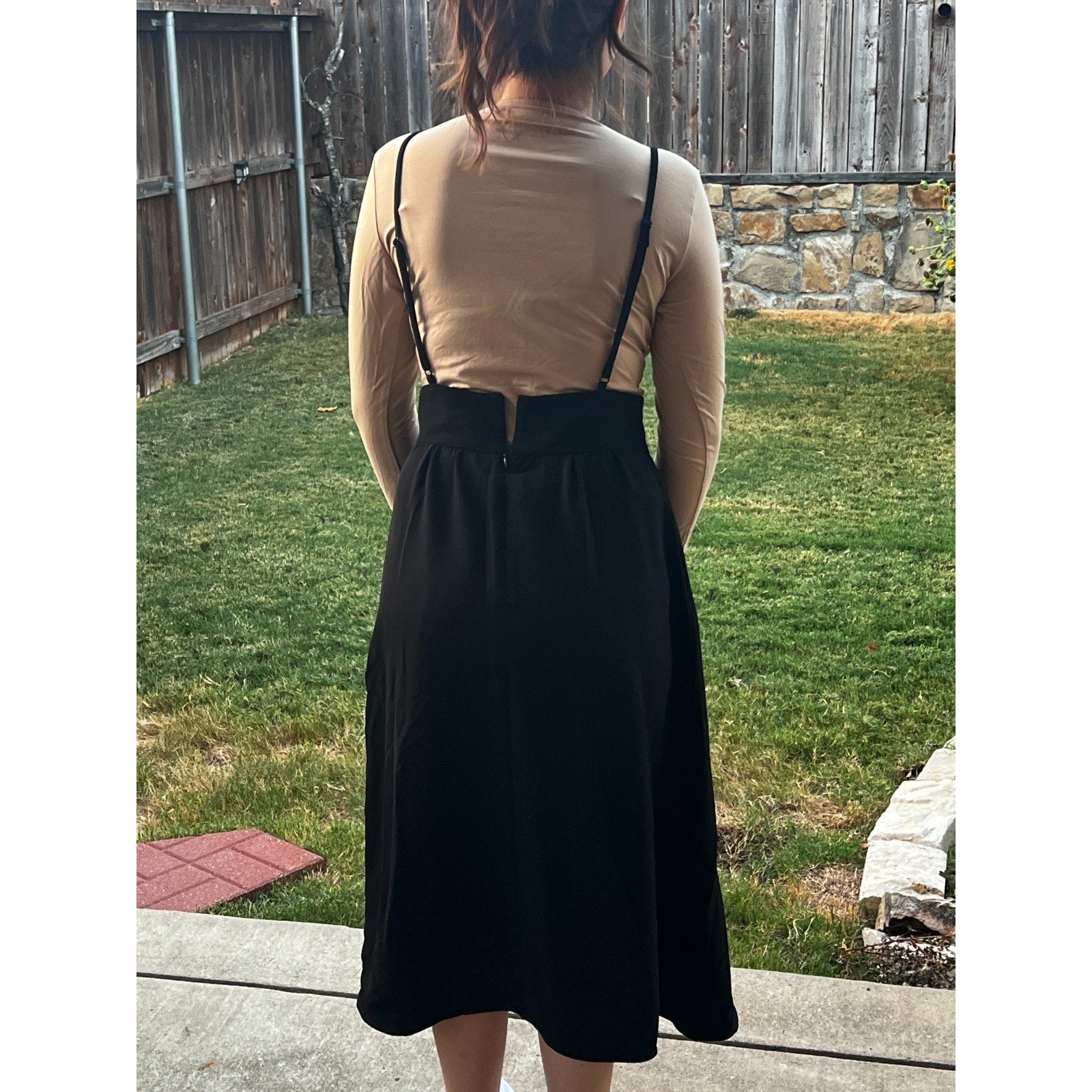 Black Suspender Midi Skirt Pinafore Dark Academia Minimalist A-Line
