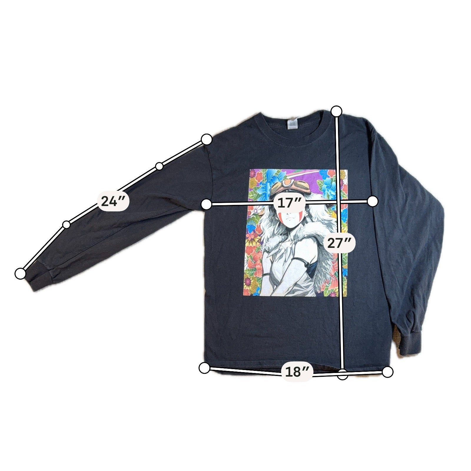 Princess Mononoke San Anime Floral Graphic Long Sleeve Shirt Black Medium