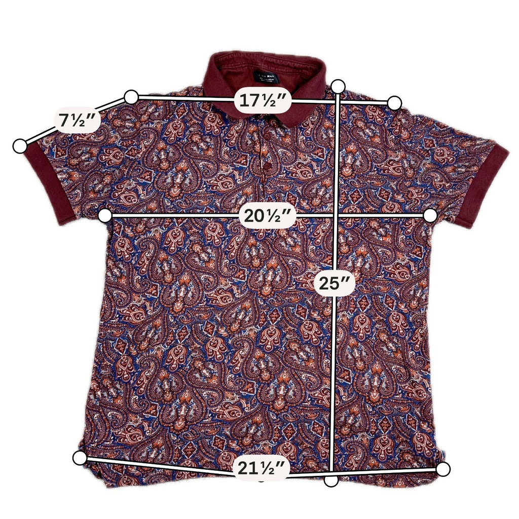 Zara Man Mens XL Paisley Polo Shirt Burgundy Blue Short Sleeve Portugal