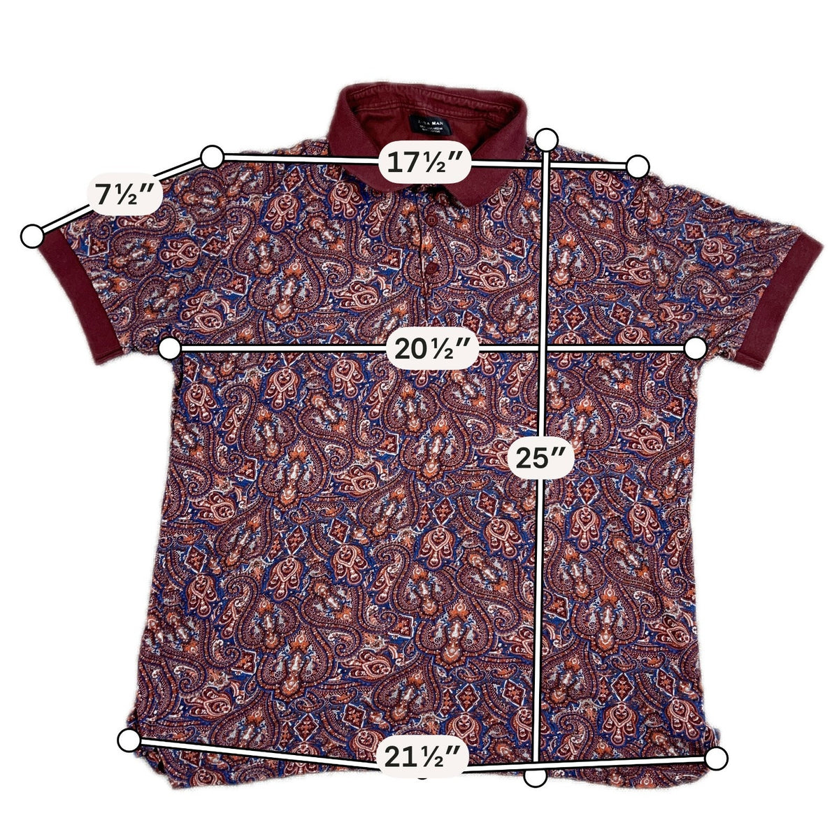 Zara Man Mens XL Paisley Polo Shirt Burgundy Blue Short Sleeve Portugal