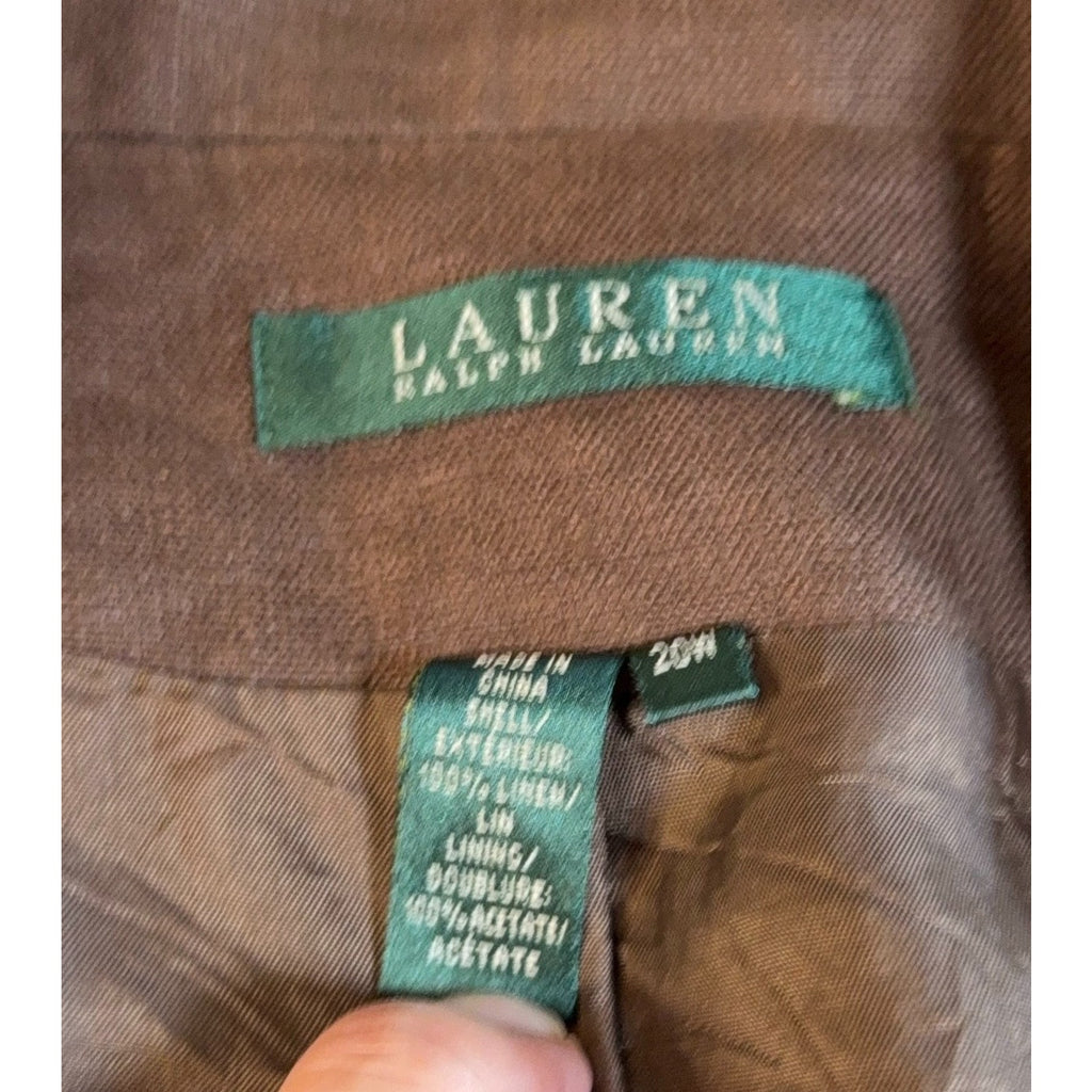 Lauren Ralph Lauren Womens 20W Brown Linen Blazer Oversized Patch Pocket