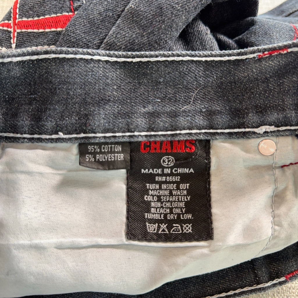 Chams Denim Jeans Mens 32x31 Gray Black Red Embroidered Pockets Y2K Straight