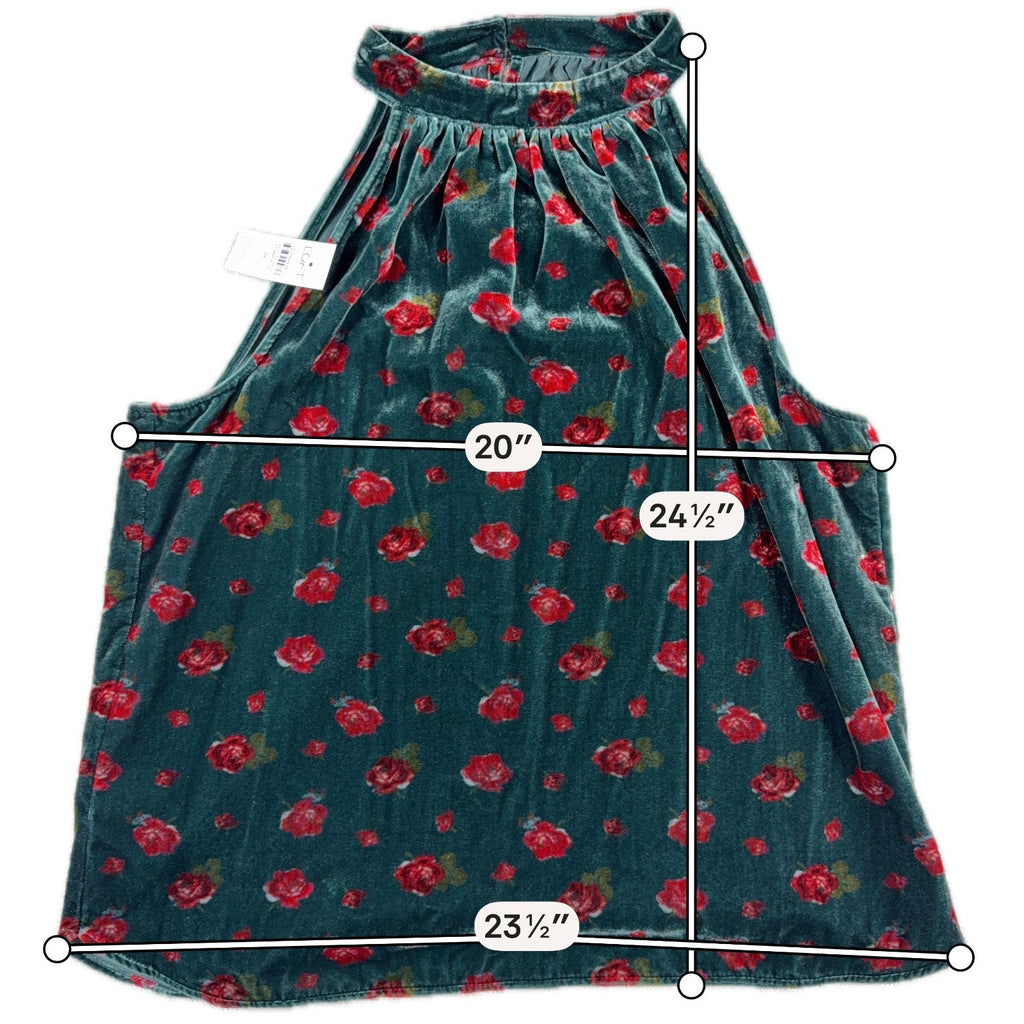 NWT LOFT Women M Green Velvet Floral Halter Top Red Rose Sleeveless Holiday