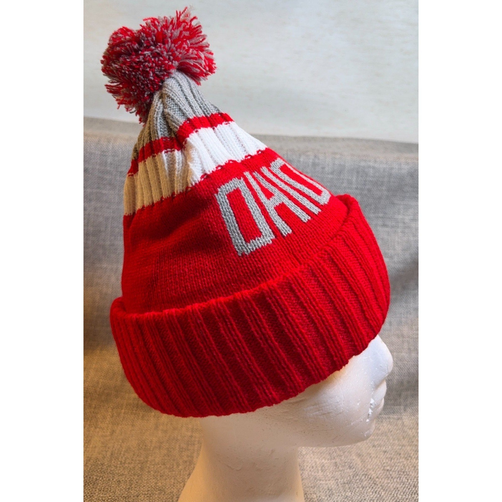 Ohio State Knit Beanie Pom Pom Scarlet Gray White Cuffed Winter Hat