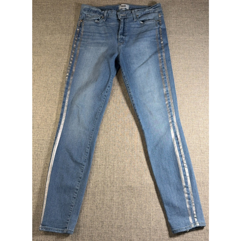 PAIGE Hoxton Ankle Jeans Womens 30 Blue Metallic Silver Stripe Skinny High Rise