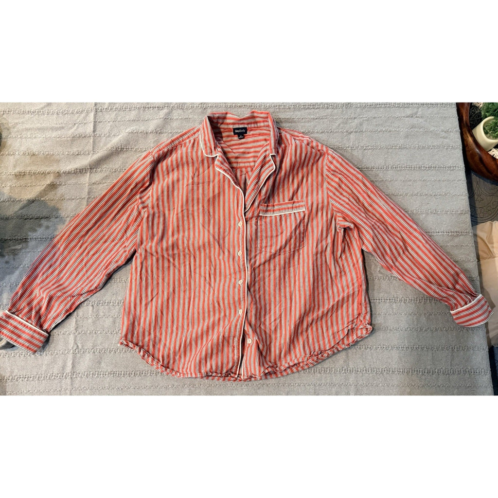 GapBody Pajama Set Womens Medium Red Stripe Button Up Top Pants Lounge Sleepwear
