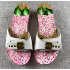 Vintage Style Hand Painted Floral Wooden Clogs White Leather Hydrangea Sandals