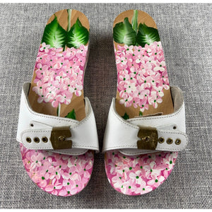 Vintage Style Hand Painted Floral Wooden Clogs White Leather Hydrangea Sandals