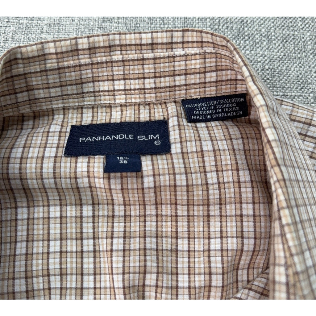 Panhandle Slim Western Shirt Mens 16.5 36 Large Tall Brown Plaid Pearl Snap