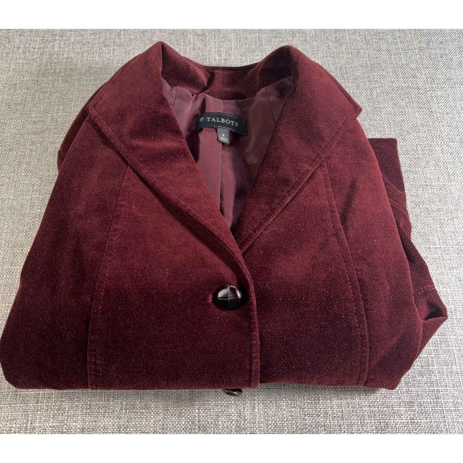 Talbots Women’s Velvet Blazer Size 8 Burgundy Wine Cotton Stretch Lined Jacket