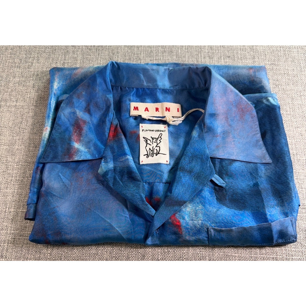 Marni Buchi Blu Habotai Silk Bowling Shirt Men’s 50 Blue NWT Made Italy