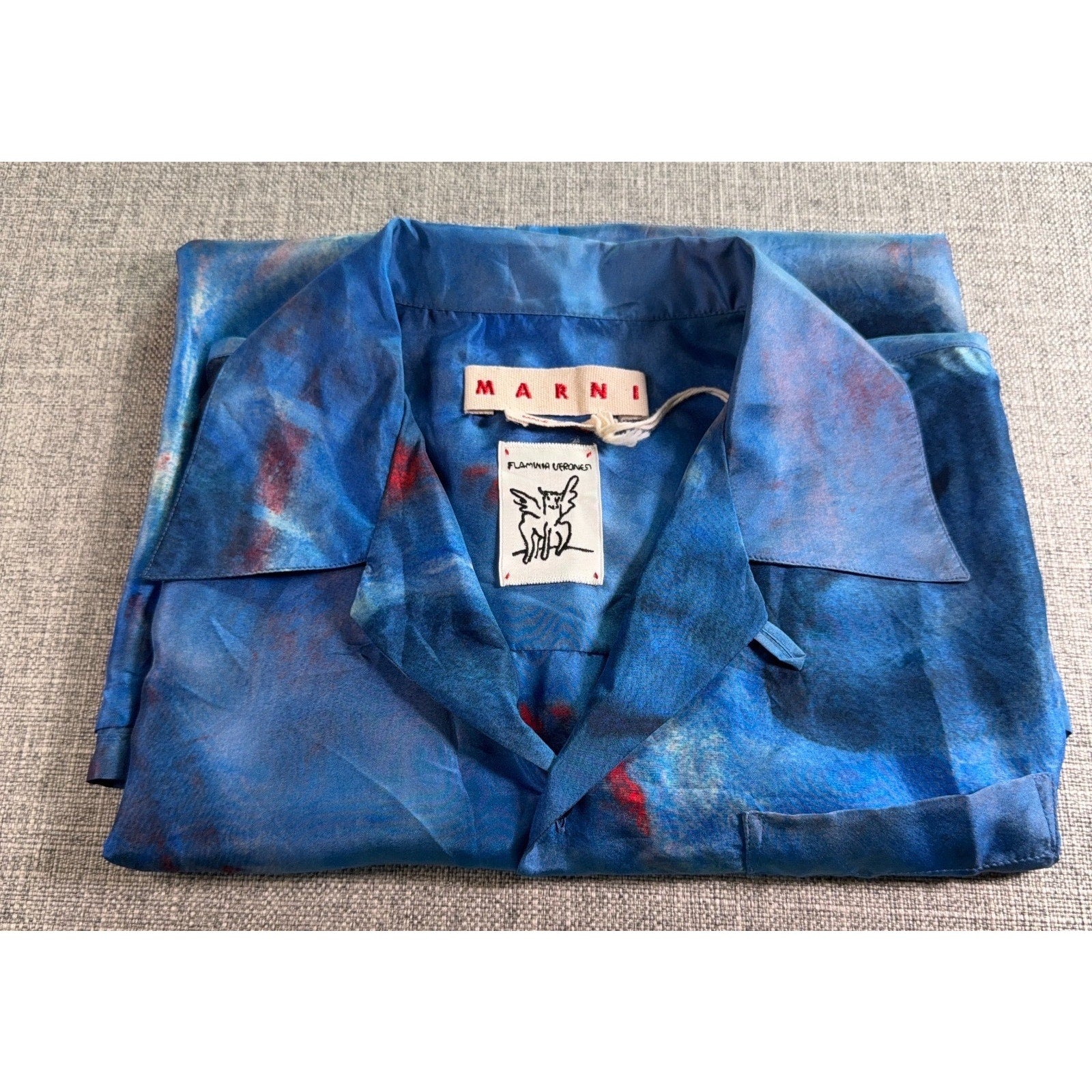 Marni Buchi Blu Habotai Silk Bowling Shirt Men’s 50 Blue NWT Made Italy
