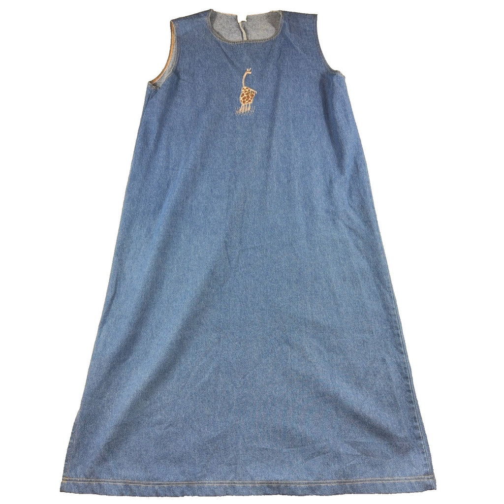 Vintage 90s Denim Maxi Jumper Dress Womens XL Giraffe Applique Rhinestone USA