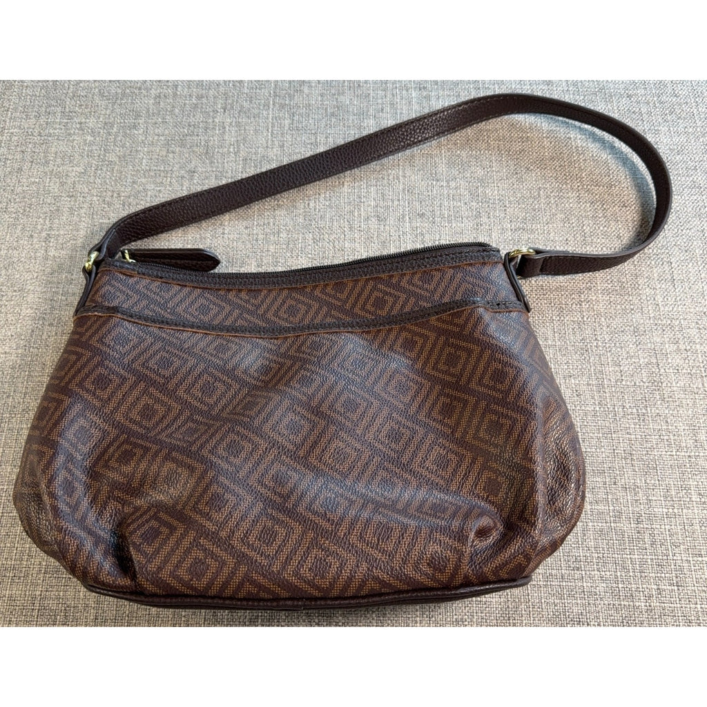 Liz Claiborne Brown Monogram Shoulder Bag Purse Faux Leather Geometric