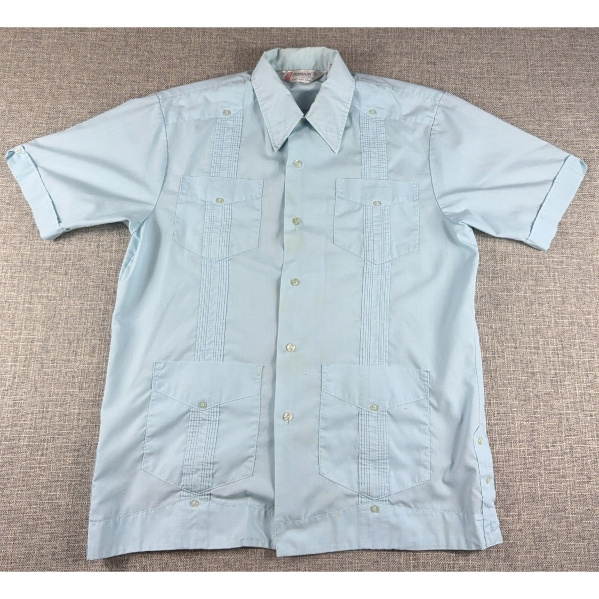 Vintage Romani Guayabera Shirt Mens M Blue 4 Pocket Cuban Wedding Rockabilly