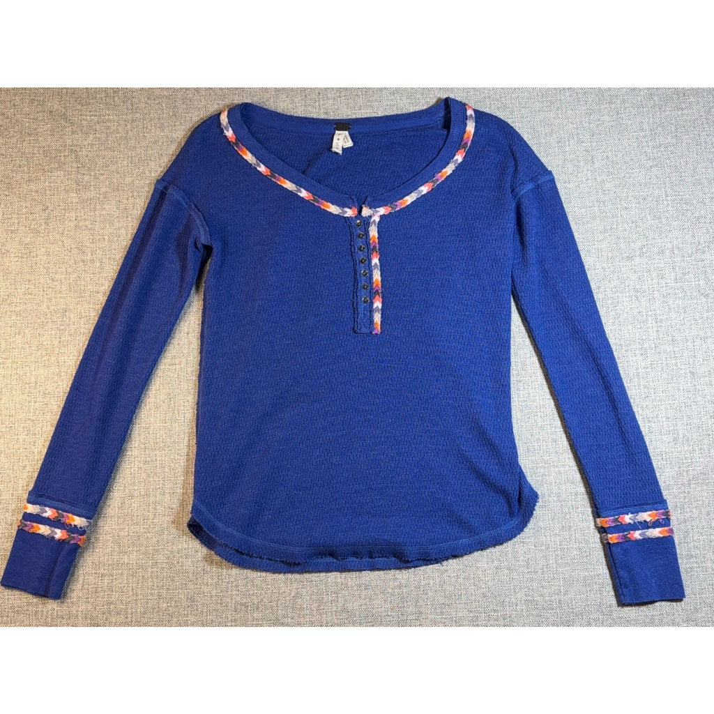 We The Free Free People Thermal Henley Top Small Blue Braided Trim Boho