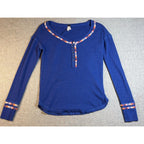 We The Free Free People Thermal Henley Top Small Blue Braided Trim Boho