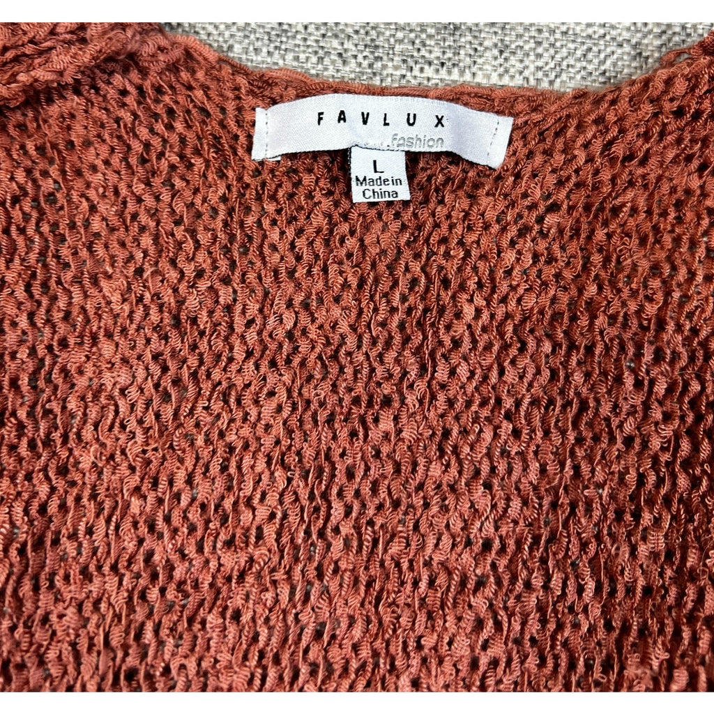 Favlux Rust Crochet Duster Cardigan Women L Fringe Boho Kimono Open Knit