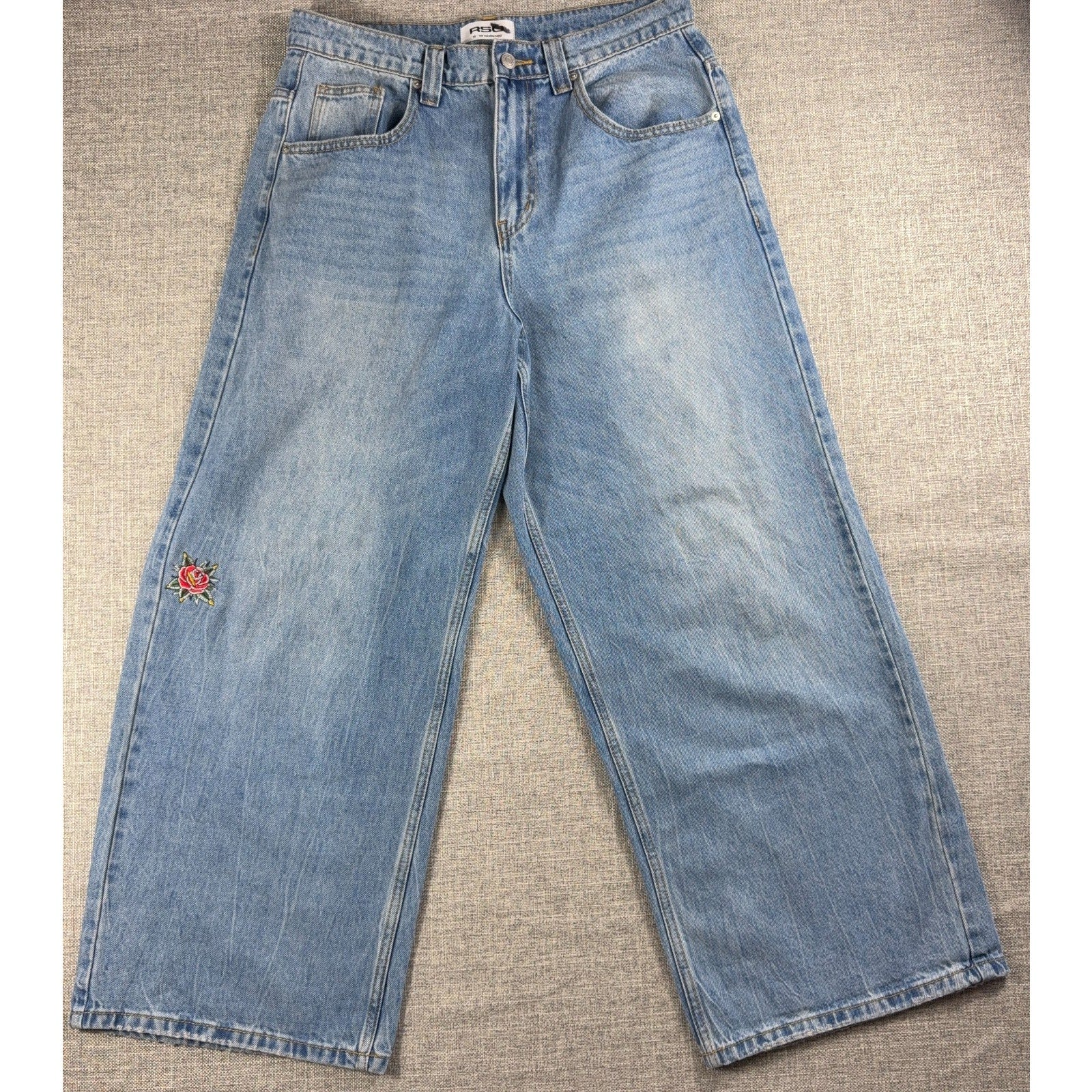 RSQ Low Rise Ultra Baggy Jeans Womens 29 Custom Rose Embroidered Light Wash