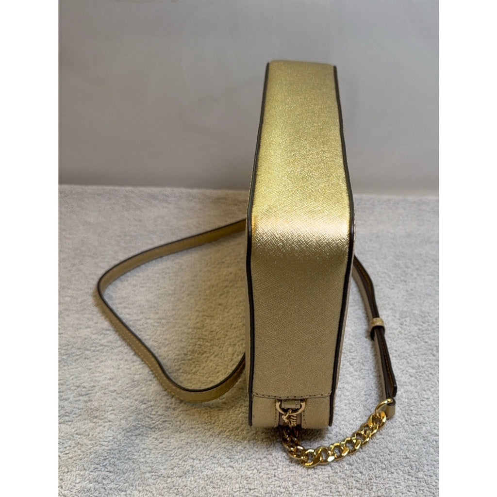 Michael Kors Gold Saffiano Leather Crossbody Bag Chain Strap Zip Top Purse MK